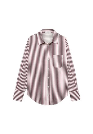 Camisa de manga larga en rayas verticales color crema y burdeos. Cuenta con un bolsillo frontal, cierre de botones y cuello. Tejido de mezcla de algodón.