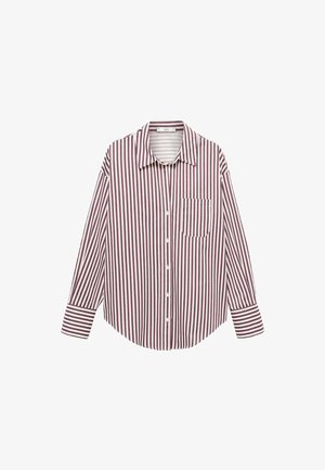Langarmhemd in crème und bordeauxrot mit vertikalen Streifen. Verfügt über eine Brusttasche, eine Knopfleiste und einen Kragen. Aus Baumwollmischgewebe.
