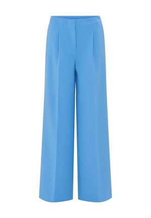Pantaloni a gamba larga in blu chiaro uniforme, realizzati in tessuto liscio. Presentano una vita alta con pieghe, offrendo un aspetto sartoriale e contemporaneo.
