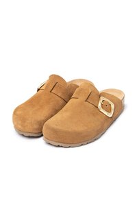 Zoccoli in suede marrone con punta arrotondata, dettaglio della fibbia dorata e suola beige texturizzata. Materiale morbido con una fodera interna liscia.