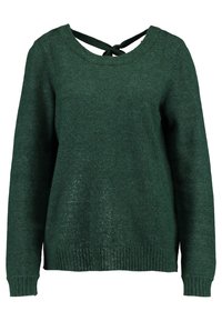 Grön stickad tröja med långa ärmar, rund halsringning och korsad knytdetalj på ryggen. Ribbad nederkant och ärmslut, strukturerad tyg.