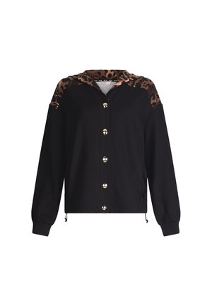 Sudadera negra con acentos de estampado de leopardo, botones dorados, mangas largas, dobladillo con cordón y cuello texturizado. Tejido suave con patrones contrastantes.