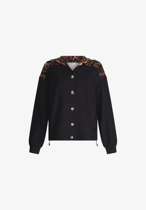 Felpa nera con dettagli in stampa leopardata, bottoni dorati, maniche lunghe, orlo con lacci e colletto testurizzato. Tessuto morbido con motivi a contrasto.