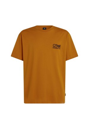 Horčicovo žlté tričko O'Neill s krátkymi rukávmi, okrúhlym výstrihom a logom na ľavej strane hrudníka; hladká bavlnená tkanina s jednoliatou farbou bez vzorov.