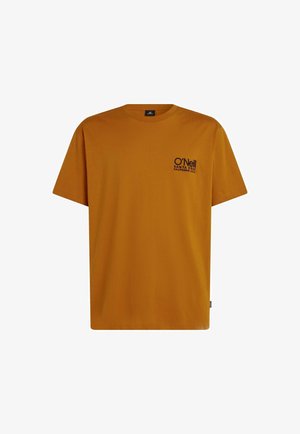 Horčicovo žlté tričko O'Neill s krátkymi rukávmi, okrúhlym výstrihom a logom na ľavej strane hrudníka; hladká bavlnená tkanina s jednoliatou farbou bez vzorov.