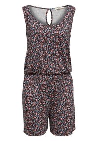 Combinaison sans manches à imprimé floral noir avec des fleurs roses et bleues. Tissu doux, coupe décontractée, avec un détail dos clé et une taille élastique.