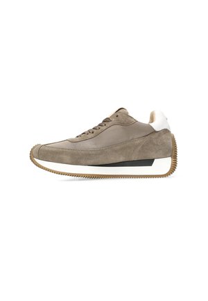 Sneaker featuring a taupe suede upper, white leather heel accent, and a textured gum outsole, with a rounded toe and lace closure.