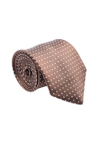 Cravatta marrone con pois bianchi, caratterizzata da una superficie testurizzata e una forma classica, arrotolata ordinatamente con un'estremità affusolata.