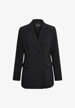 Melns žakete ar piegriezumu, plata apkakle, viena poga un divas priekšpuses kabatas. Gluds audums ar strukturētu dizainu.