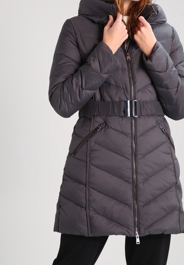 Padded gray coat with a zip closure, hood, chevron pattern, and a belted waist. Features two side zip pockets and a smooth texture.