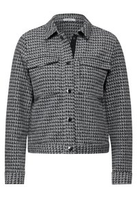 Gray checkered jacket made of textured fabric. Features a collar, two chest pockets, and black buttons. Cropped design with long sleeves.