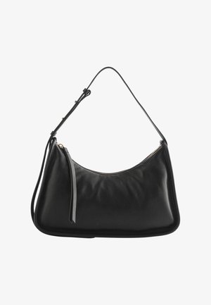 Schwarze Leder-Umhängetasche mit schmalem verstellbarem Riemen und Reißverschluss mit langem Lederzug.