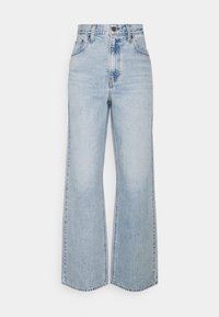 Jeans azzurri chiari a vita alta con design a gamba larga, dotati di chiusura con zip e bottone, e con motivi di scoloritura sul tessuto.