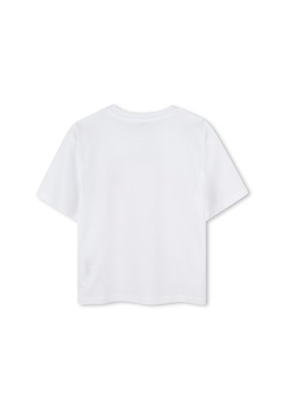 Witte katoenen cropped t-shirt met korte mouwen en een ronde halslijn. Glad textuur met een eenvoudig ontwerp, zonder zichtbare patronen of accenten.