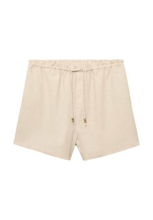 Bež kopi shorts iz bombaža z elastičnim pasom, z vrvico in majhnimi dekorativnimi draguljčki. Ohlapen kroj z gladko teksturo.