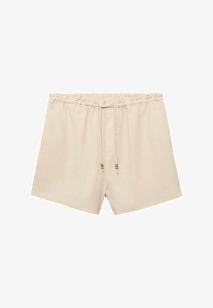 Beige katoenen shorts met een elastische tailleband, trekkoordsluiting en kleine decoratieve kralen. Ontspannen pasvorm met een soepele textuur.