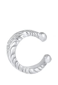 Hõbedane kõrvanõel keeruka disainiga, millel on kaks ümarat otsa ja poleeritud viimistlus. Materjal näeb välja siledana, sisaldades õrnu tekstuuridetaile.