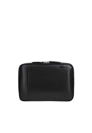 Portadocumenti rettangolare in pelle nera con zip, texture liscia e nome del marchio in rilievo "Picard" nell'angolo superiore destro frontale.