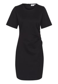 Robe noire à manches courtes avec un col rond, fermeture éclair au dos et détail froncé sur les côtés, fabriquée dans un tissu lisse et extensible.