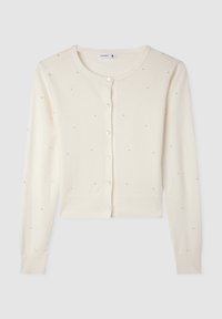Cardigan color crema realizzato in morbido tessuto a maglia, con collo rotondo, maniche lunghe, chiusura con bottoni e piccole decorazioni sparse.