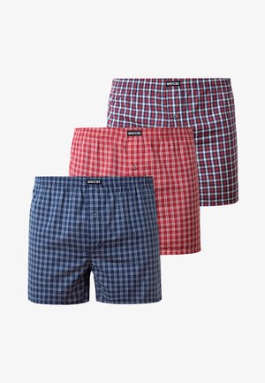 Boxershorts-Set mit drei Stilen: marineblau, rot und kariert. Baumwollmaterial mit elastischen Bündchen und Knöpfen.