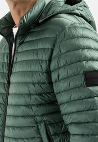 Green puffer jacket with a quilted design, zip closure, and hood. Features side pockets and a black label on the sleeve. Smooth texture.