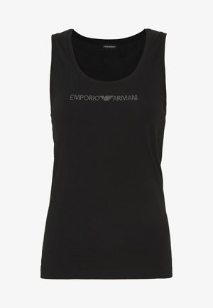 Juodas tankų viršus, pagamintas iš minkštos medžiagos, turi apvalų iškirpimą ir sidabrinį rhinestone logotipą "EMPORIO ARMANI" krūtinėje. Lygus tekstūra.