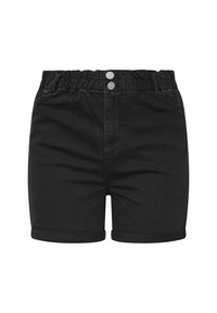 Lyhyet mustat farkut, joissa on joustava vyötärö, kaksi hopeista nappia, käänteet ja hienovaraiset ompeluyksityiskohdat.