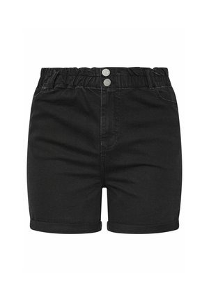 Black denim shorts featuring an elastic waistband, two silver buttons, rolled hems, and subtle stitching details.