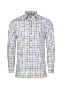 Langärmliges Hemd mit einem weißen, blauen und gelben Karomuster. Verfügt über einen Button-Down-Kragen und eine Brusttasche. Texturiertes Baumwollmaterial.