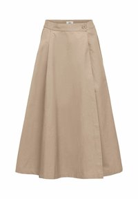 Jupe beige en coupe trapèze avec taille haute, détail d'un seul bouton sur la ceinture et texture de tissu douce.