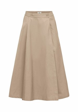 Beež A-lõikeline seelik kõrge vöökohaga, ühe nööbitava detailiga vöörihmil ja pehme kangapinnaga.