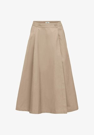 Beiger A-Linien-Rock mit hoher Taille, einzelnen Knopfdetails am Bund und weicher Stoffstruktur.