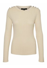 Pull long à manches longues crème à côtes avec un col festonné et des boutons décoratifs dorés sur les coutures des épaules.