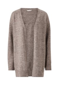 Jasnobrązowy kardigan zapinany z przodu, wykonany z miękkiego materiału, z długimi rękawami i prążkowanym wykończeniem. Teksturowany wzór na całej powierzchni.