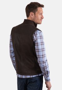Brown leather vest with high collar, textured surface, and stitching details, worn over a blue and white plaid shirt. Back view presented.