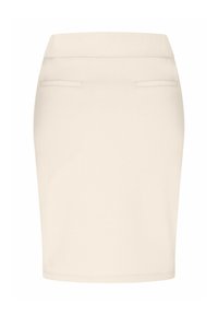 Bleistiftrock in knie-langer Länge aus hellem beigem Stoff, mit körperbetontem Schnitt, flachem Bund vorne und dezenten Gesäßtaschen. Glatte Textur.