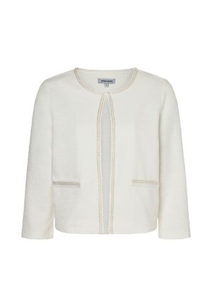 Weiße strukturierte Jacke mit offenem Vorderteil, rundem Ausschnitt und dezentem Zierbesatz an Kanten und Taschen.