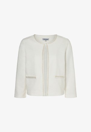 White textured open-front jacket with round neckline and subtle decorative trim on edges and pockets.
