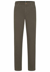 Olive zielone spodnie wykonane z mieszanki bawełny, o prostym kroju, z kieszeniami z przodu i pojedynczym zapięciem na guzik w talii.
