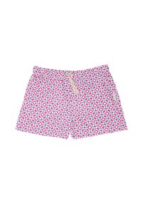 Pantaloni da bagno rosa con un motivo geometrico a diamanti e punti in blu e bianco. Vita regolabile con cordino e tessuto leggero.