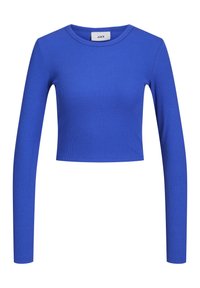 Crop top a maniche lunghe di un vivace colore blu. Realizzato in tessuto a coste con scollatura rotonda e una silhouette aderente. Etichetta visibile all'interno del colletto.