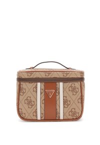 Borsa in tessuto marrone con motivo a rombi, logo decorativo, manico superiore e due strisce chiare con un accento marrone sul davanti. Chiusura con zip.