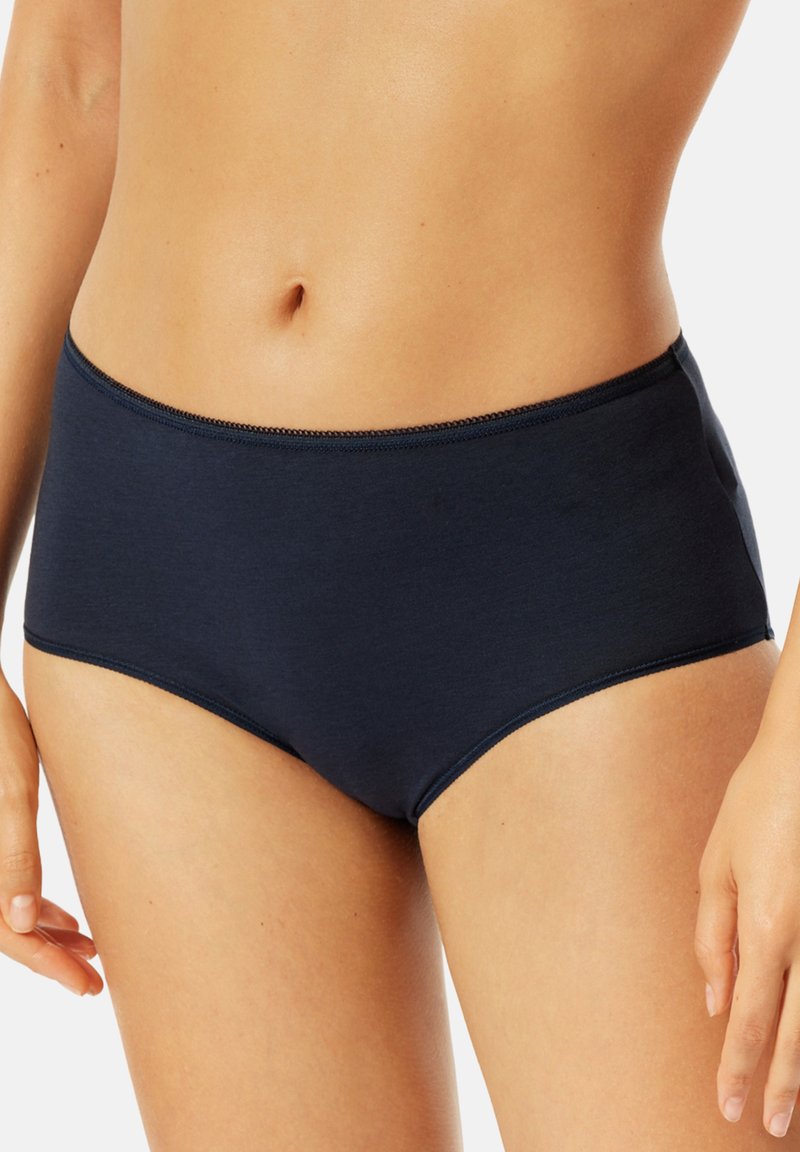 Navy blue cotton brief-style underwear with a smooth texture, high waistband, and subtle stitching details along the edges.
