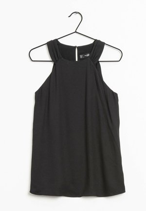 Czarny bezrękawnik z okrągłym dekoltem, bufkowymi ramiączkami i szczegółem w formie dziurki na plecach. Wykonany z gładkiego, lekkiego materiału.