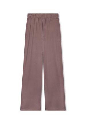 Pantaloni a gamba larga realizzati in un tessuto morbido e liscio di un colore mauve tenue, caratterizzati da una vita elasticizzata e privi di motivi visibili o accessori.