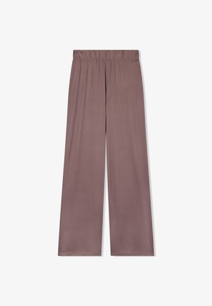 Pantaloni a gamba larga realizzati in un tessuto morbido e liscio di un colore mauve tenue, caratterizzati da una vita elasticizzata e privi di motivi visibili o accessori.
