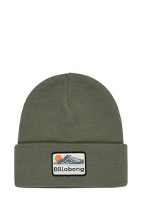Olive green beanie made of soft knit material with a folded cuff. Features a rectangular patch with a mountain and sun design, labeled "Billabong."