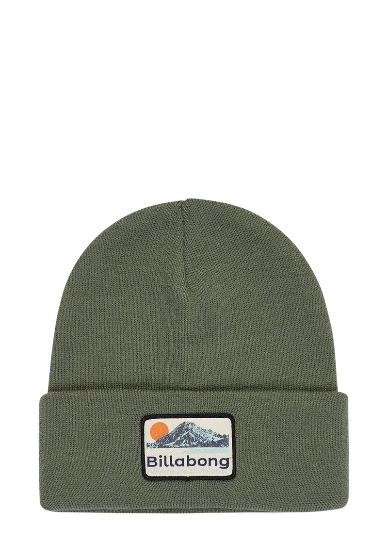 Olive green beanie made of soft knit material with a folded cuff. Features a rectangular patch with a mountain and sun design, labeled "Billabong."