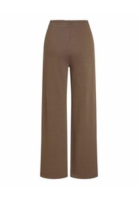 Pantalon marron à jambes larges avec une ceinture élastique et sans poches visibles, vu de dos sur fond blanc.
